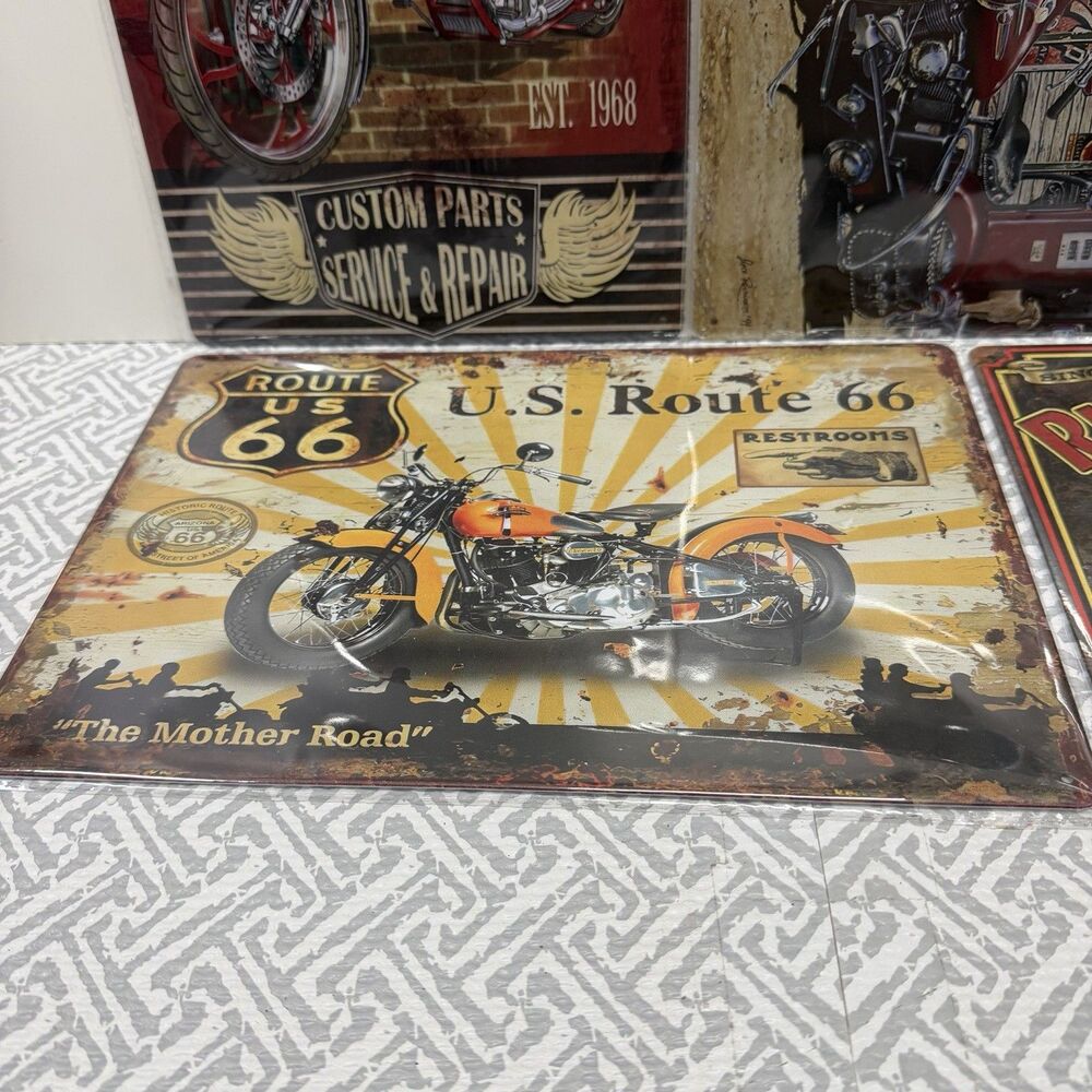 5pc Vintage Motorcycle Metal Tin Sign Bundle – Route 66 & Garage Wall Decor Set - Picture 5 of 6